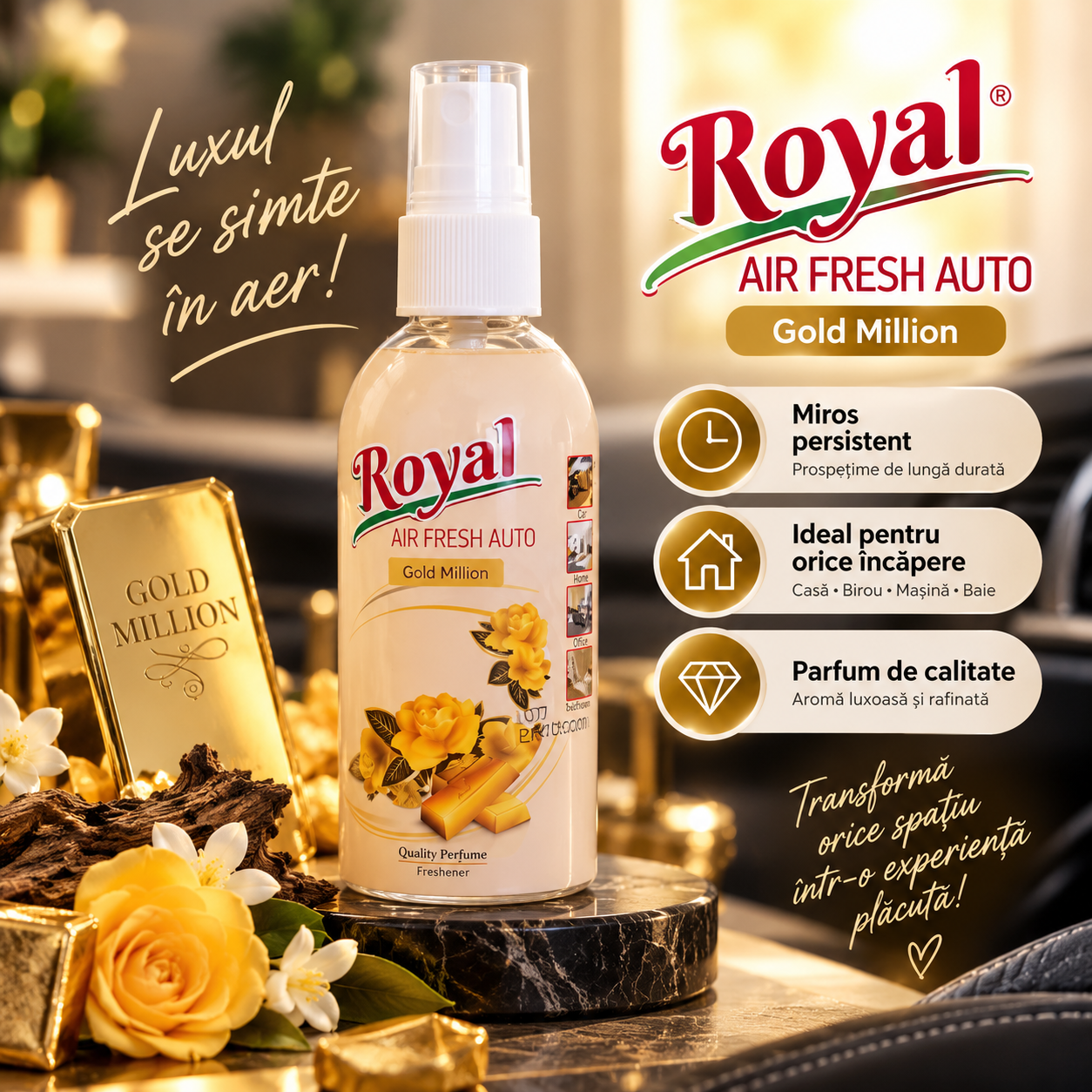 Parfum auto 6 arome Fancy Peach Sweet Vanilla Dolce Flowers Sandalo Wood Gold Million Bubble Gum