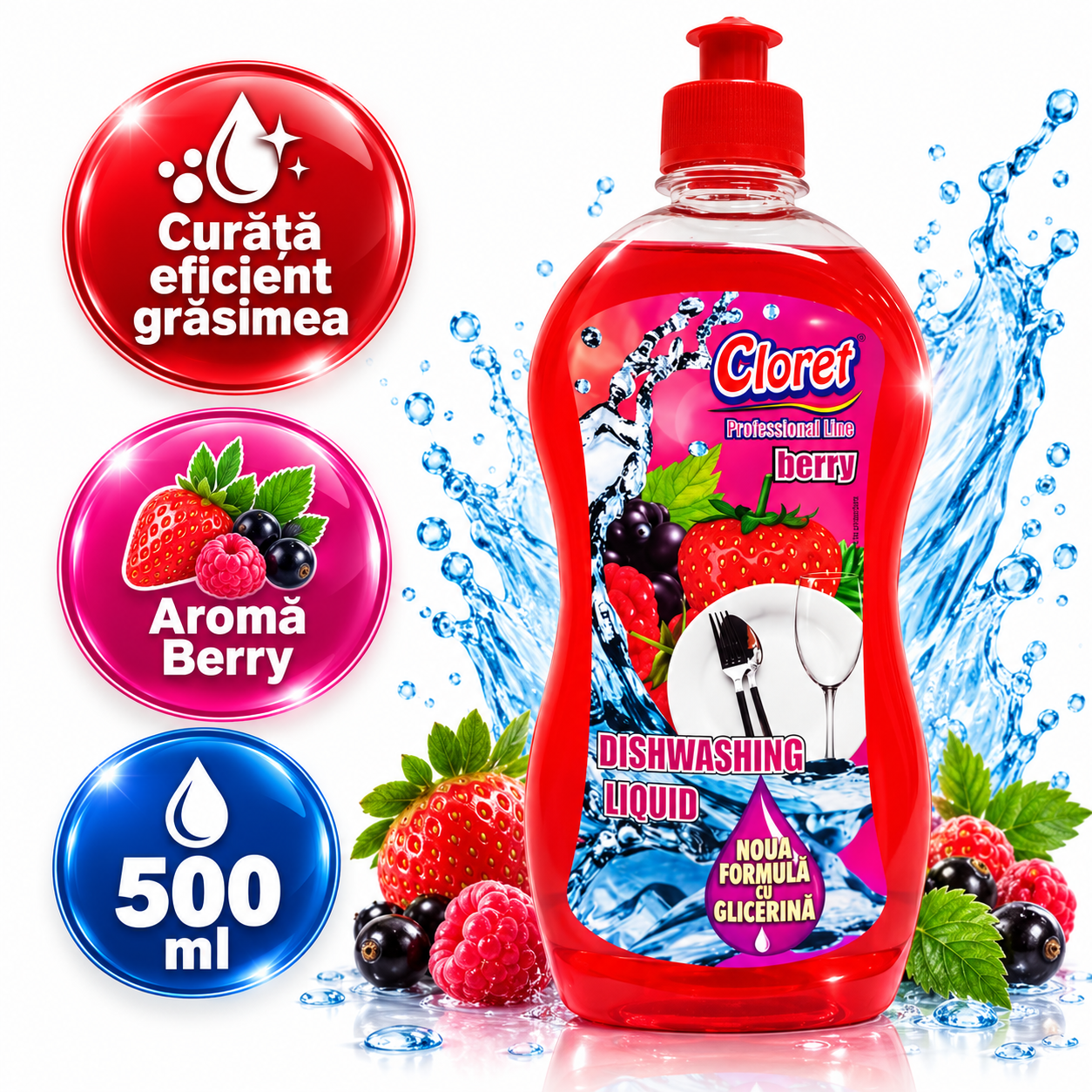 Cloret Dishwashing Liquid 500 ml detergent vase arome Apple Bubble Gum Berry Citrus