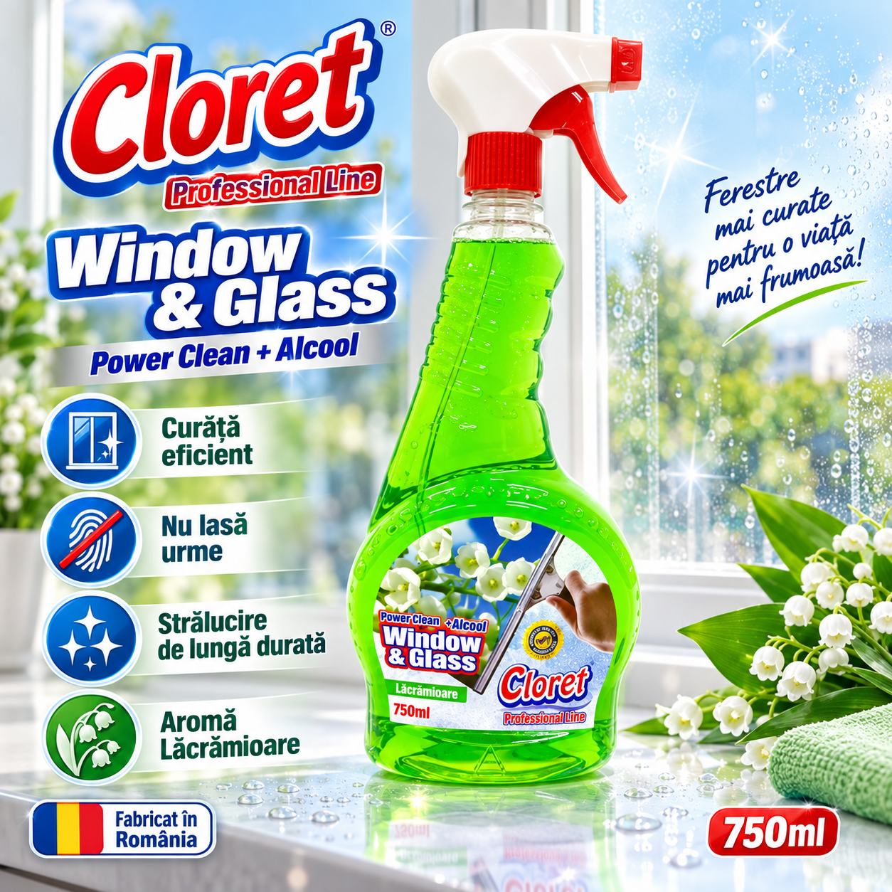 Cloret Window Glass Ocean Fresh 750 ml solutie profesionala pentru geamuri