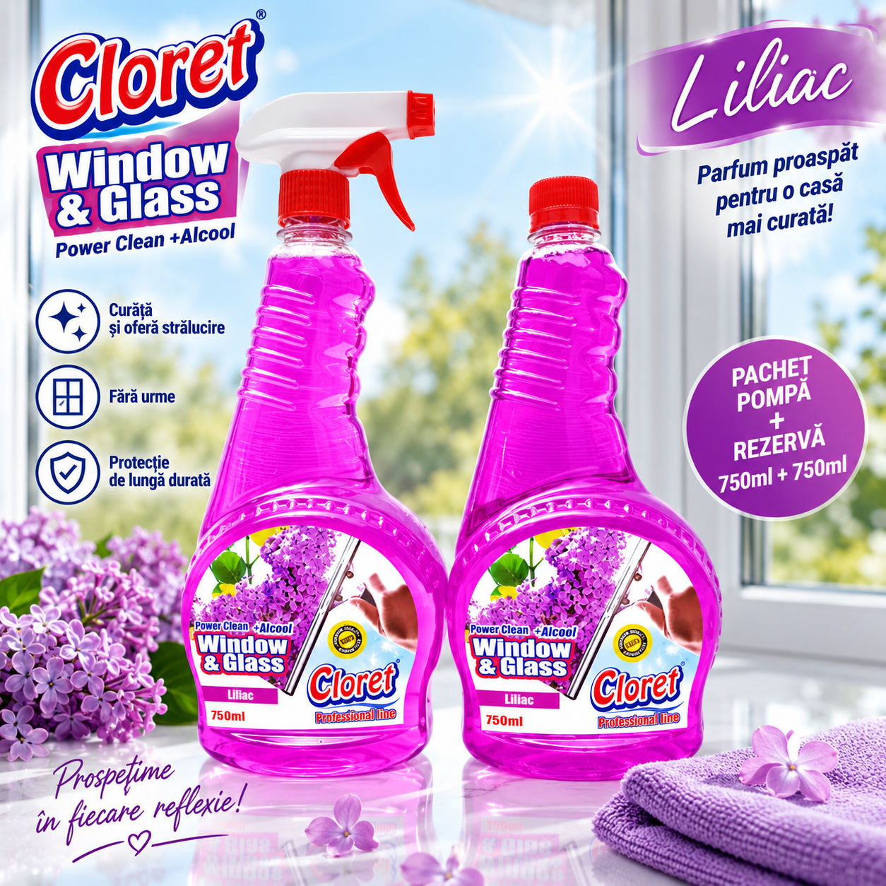 Cloret Window Glass set 1.5 litri cu pulverizator si rezerva