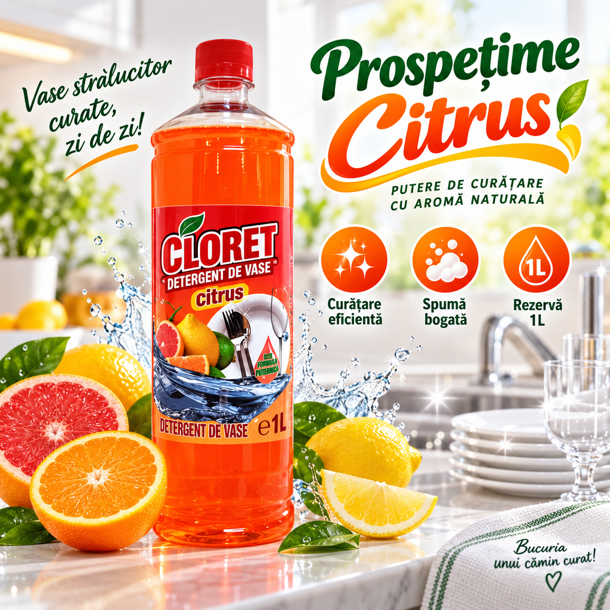Cloret Apple detergent lichid vase rezerva 1 litru