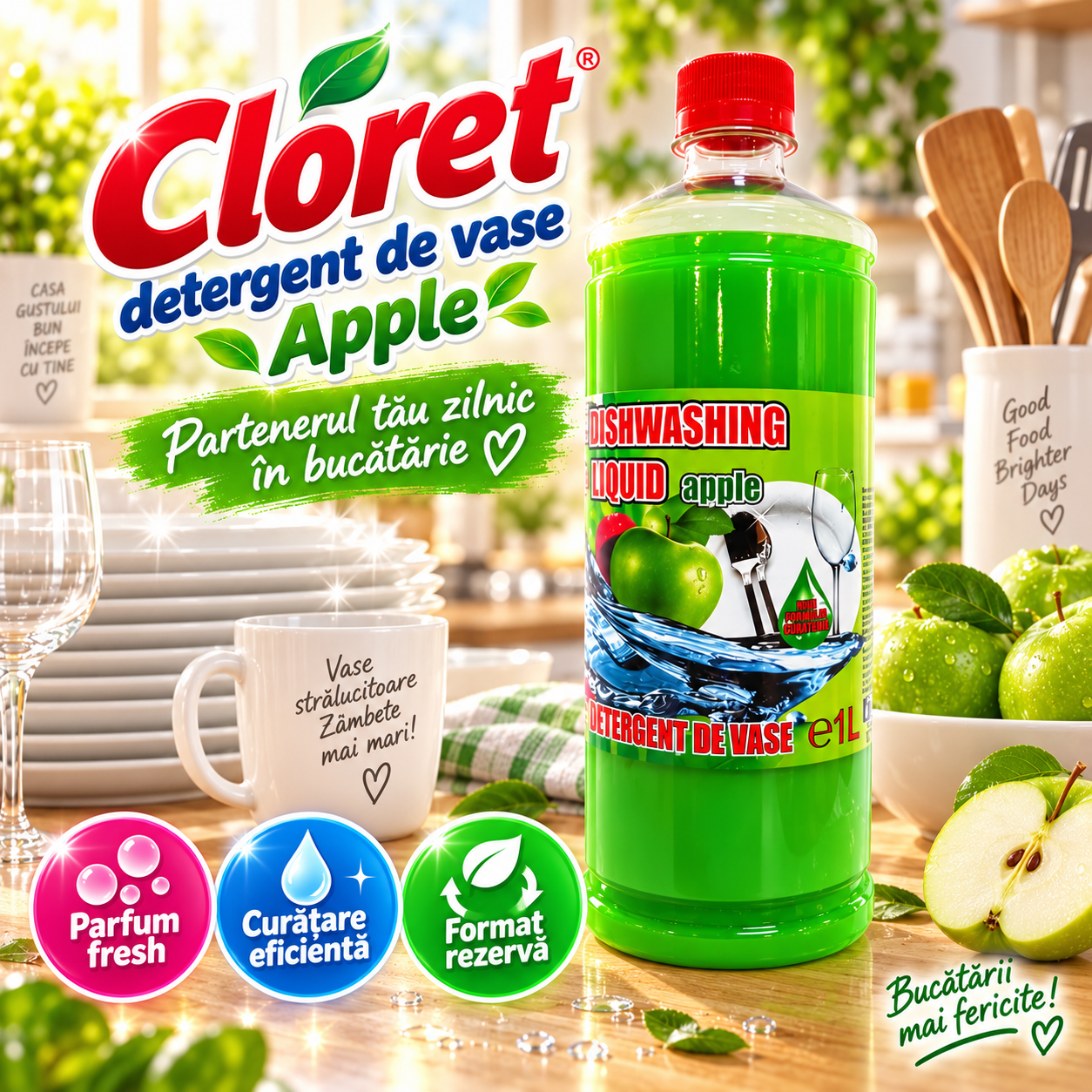 Cloret Apple detergent lichid vase rezerva 1 litru