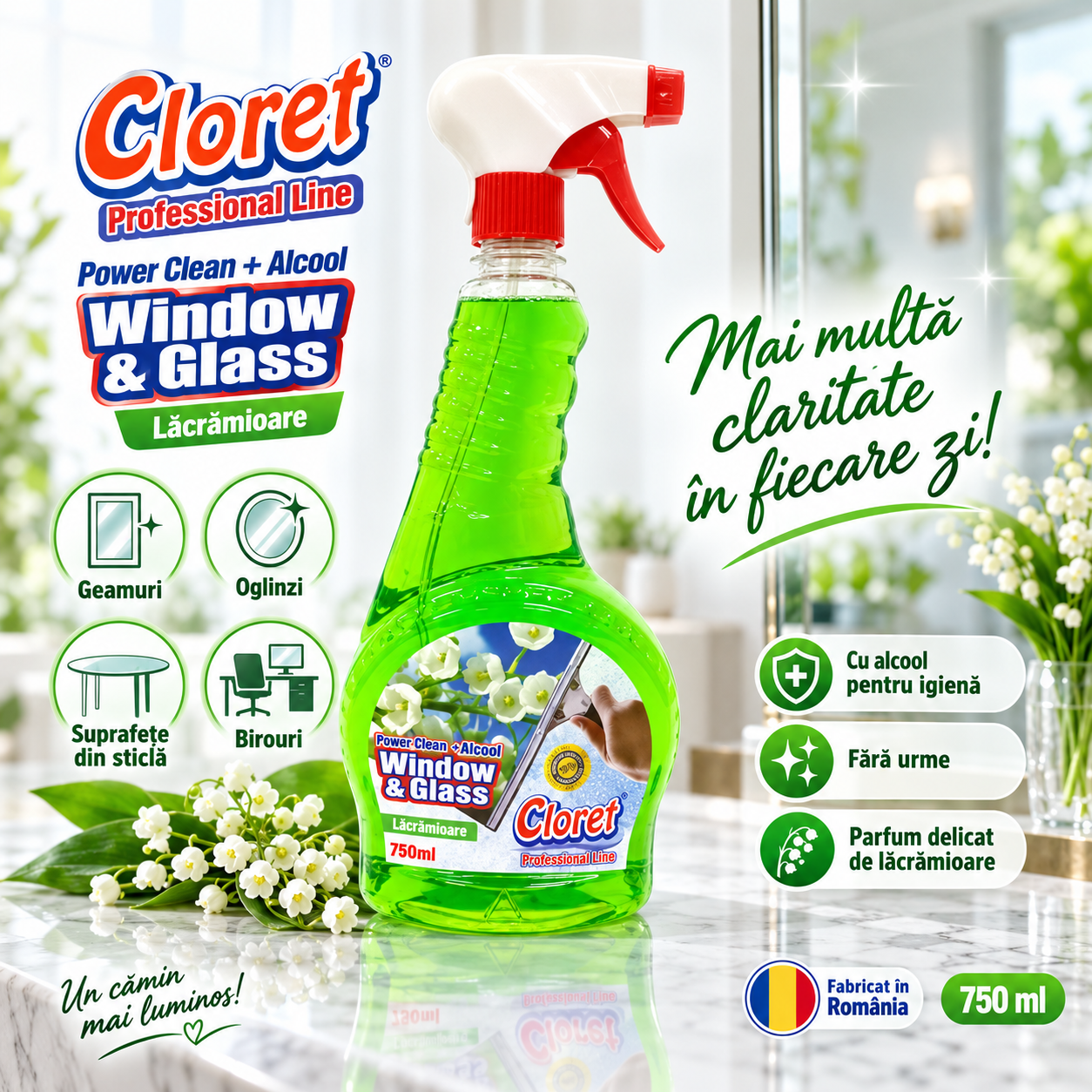 Cloret geamuri Power Clean cu alcool 750 ml