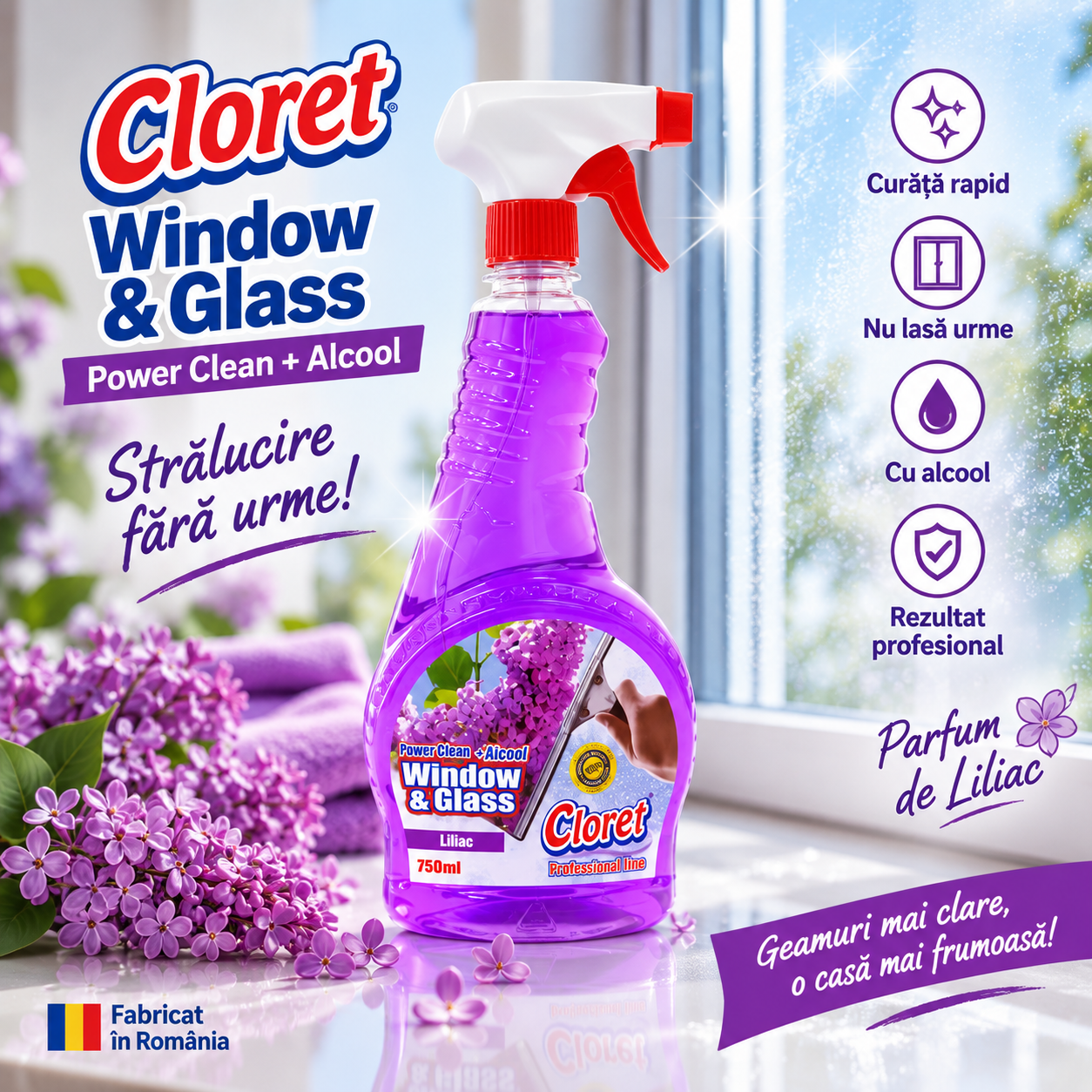 Cloret geamuri Power Clean cu alcool 750 ml