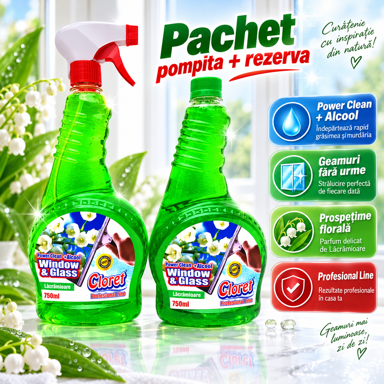 Cloret Window Glass set 1.5 litri cu pulverizator si rezerva