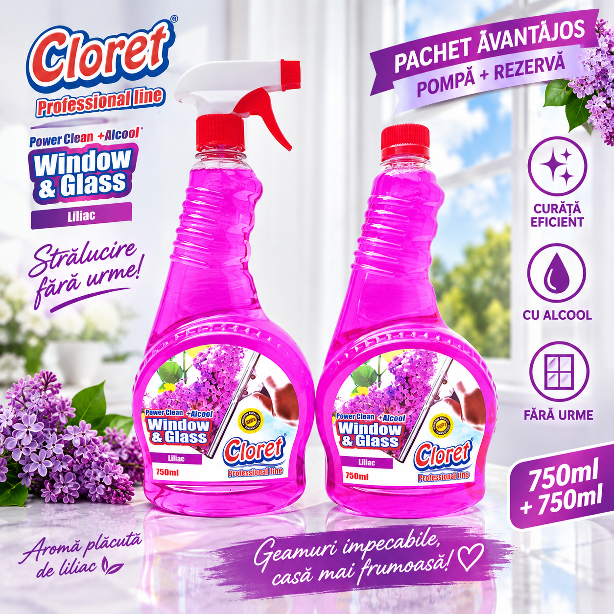 Cloret Window and Glass Power Clean alcool pentru geamuri oglinzi vitrine