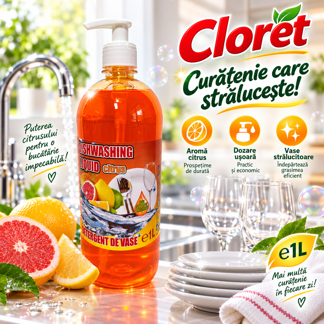 Cloret detergent lichid vase pentru indepartarea grasimii si resturilor alimentare