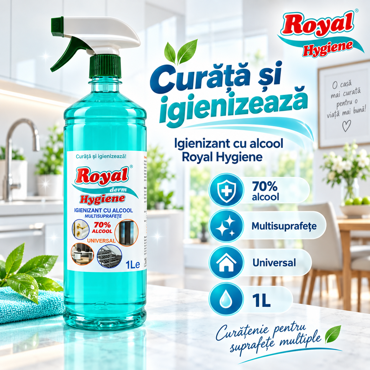Royal Hygiene 70 alcool curata si igienizeaza suprafetele