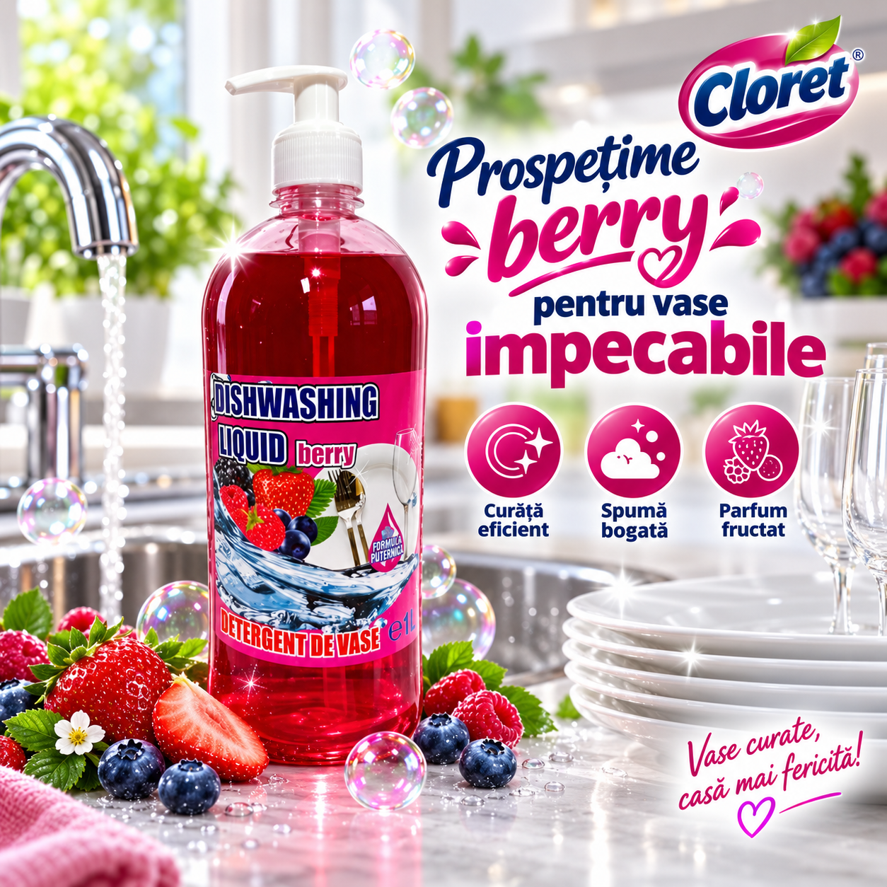 Cloret detergent lichid vase pentru indepartarea grasimii si resturilor alimentare