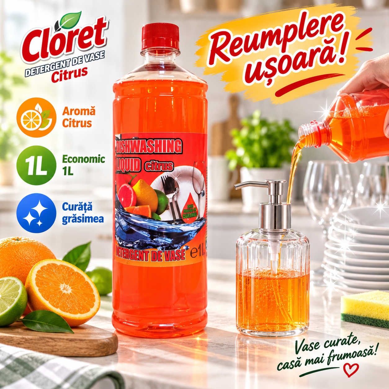 Cloret detergent vase Apple 1L pentru grasime si murdarie