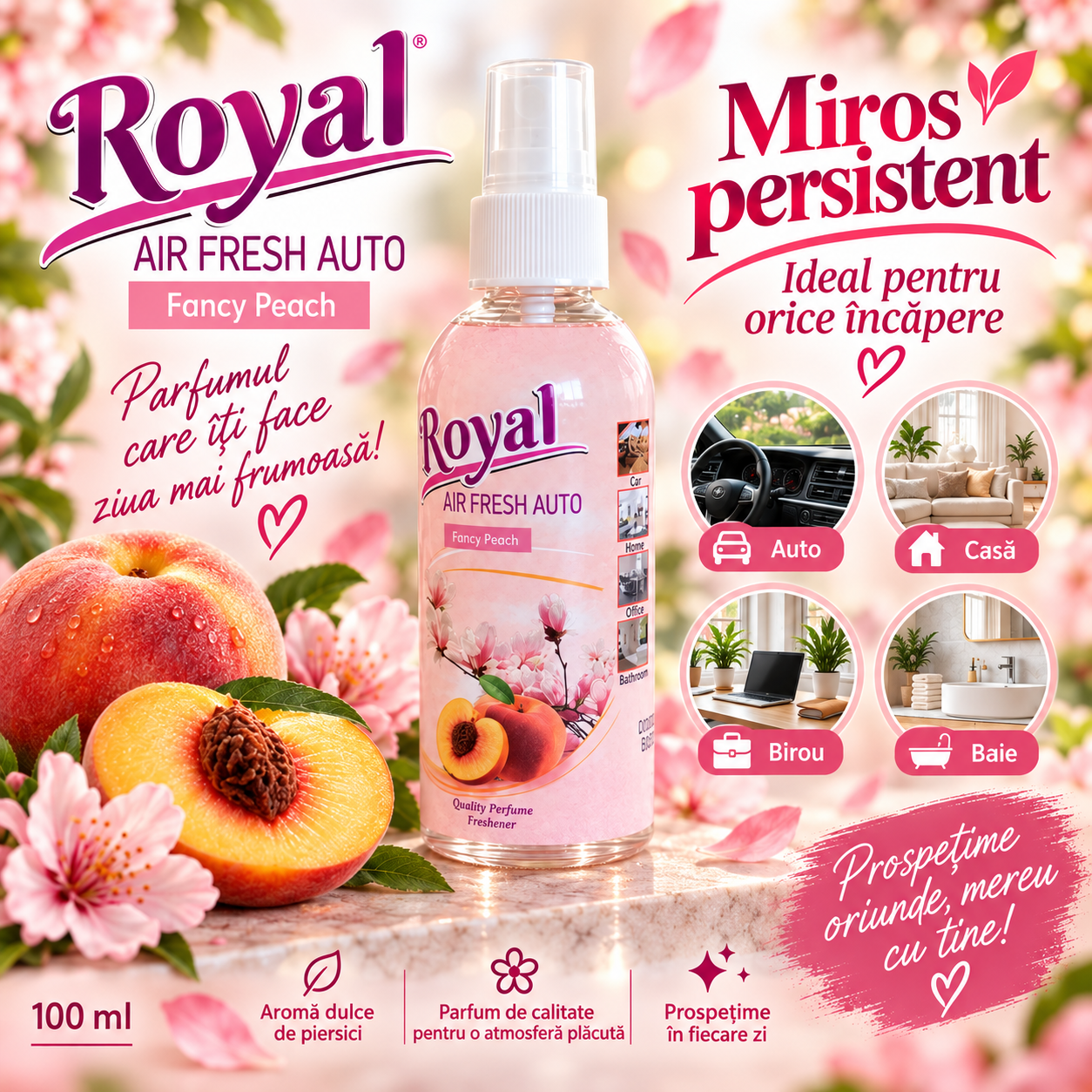 Parfum auto 6 arome Fancy Peach Sweet Vanilla Dolce Flowers Sandalo Wood Gold Million Bubble Gum