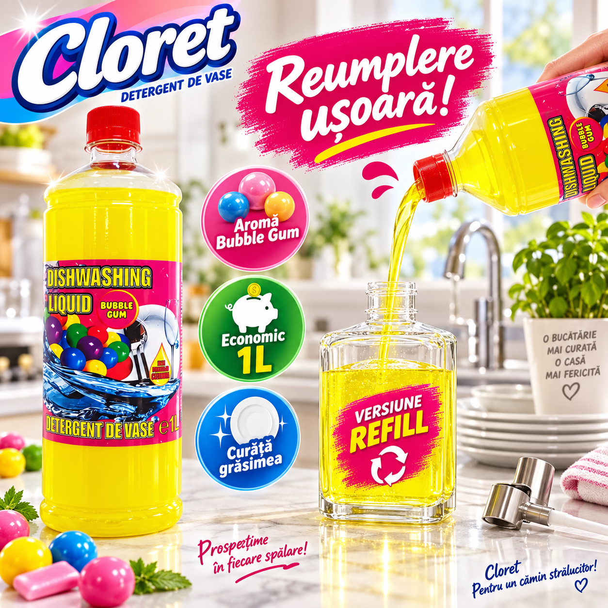 Cloret detergent vase Apple 1L pentru grasime si murdarie