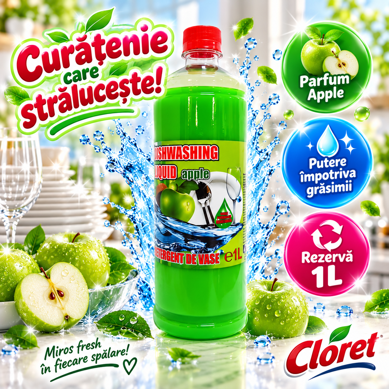 Cloret detergent vase Apple 1L pentru grasime si murdarie
