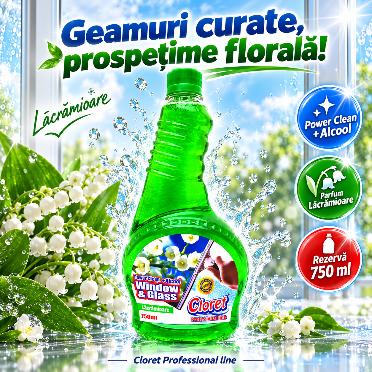 Cloret Window Glass Power Clean cu alcool rezerva 750 ml