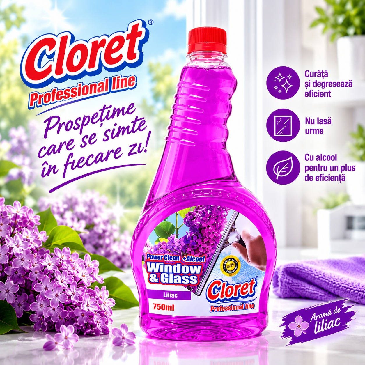 Cloret Window Glass Power Clean cu alcool rezerva 750 ml