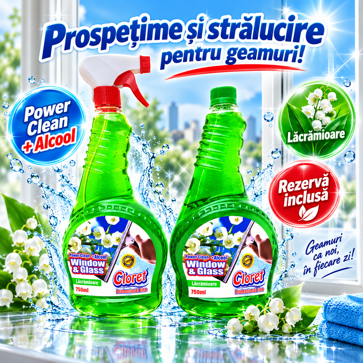 Cloret Window and Glass Power Clean alcool pentru geamuri oglinzi vitrine