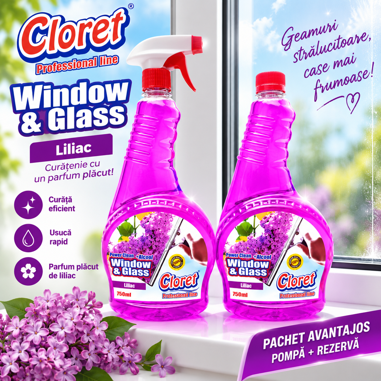 Cloret geamuri recipient 750 ml cu pulverizator si rezerva