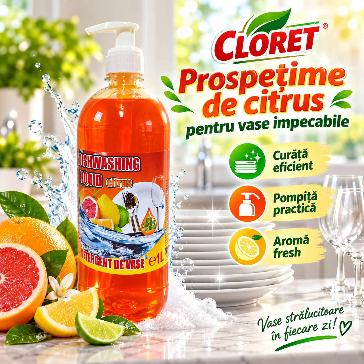 Cloret Dishwashing Liquid Citrus detergent vase aroma citrice