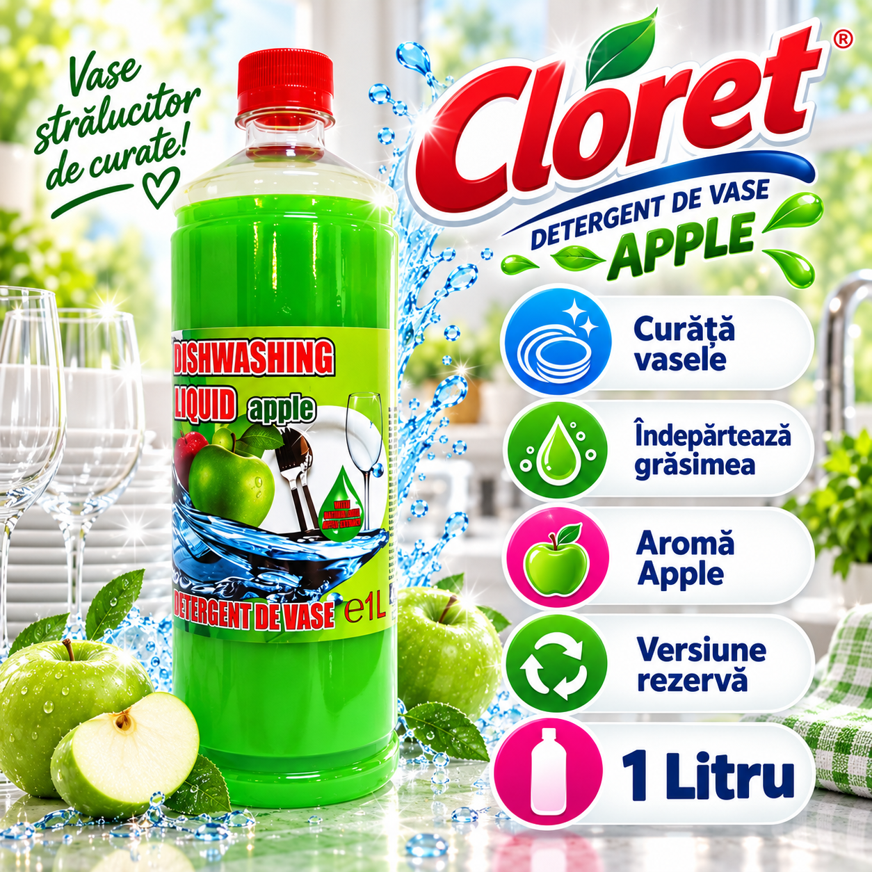 Cloret Dishwashing Liquid Apple rezerva 1L aroma mar