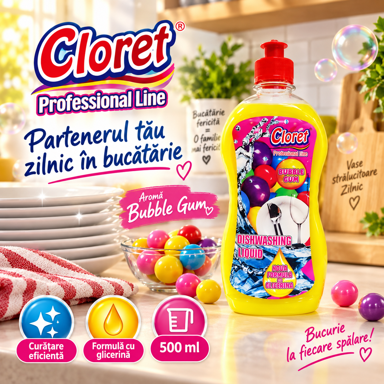 Cloret Dishwashing Liquid Bubble Gum 500 ml detergent vase aroma dulce
