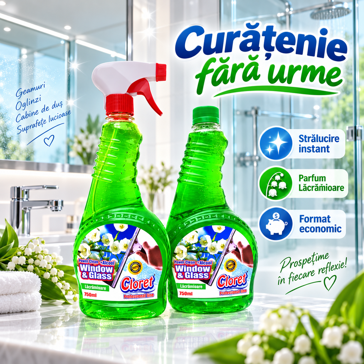 Cloret geamuri recipient 750 ml cu pulverizator si rezerva