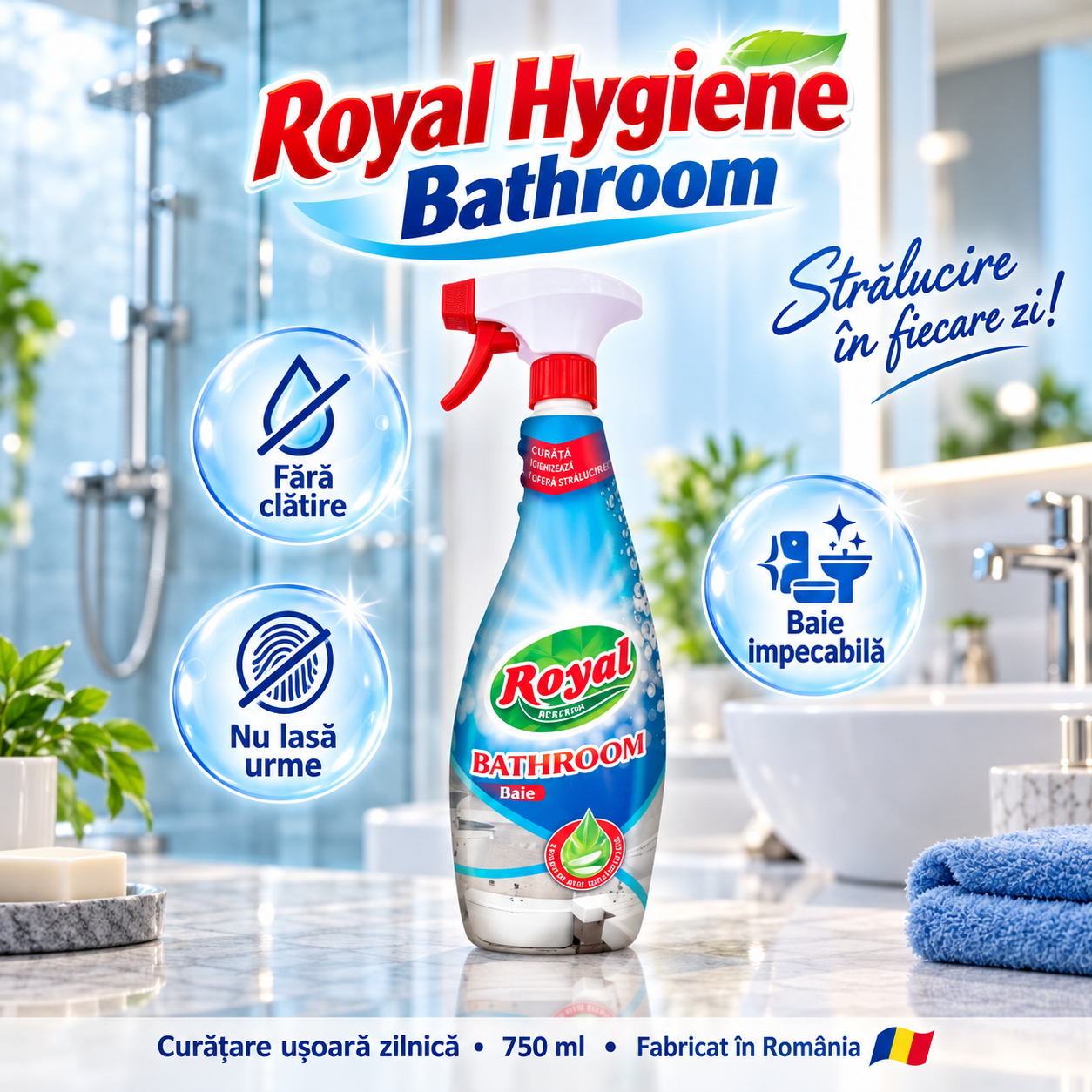 Royal Hygiene Bathroom nu lasa urme pe suprafetele din baie