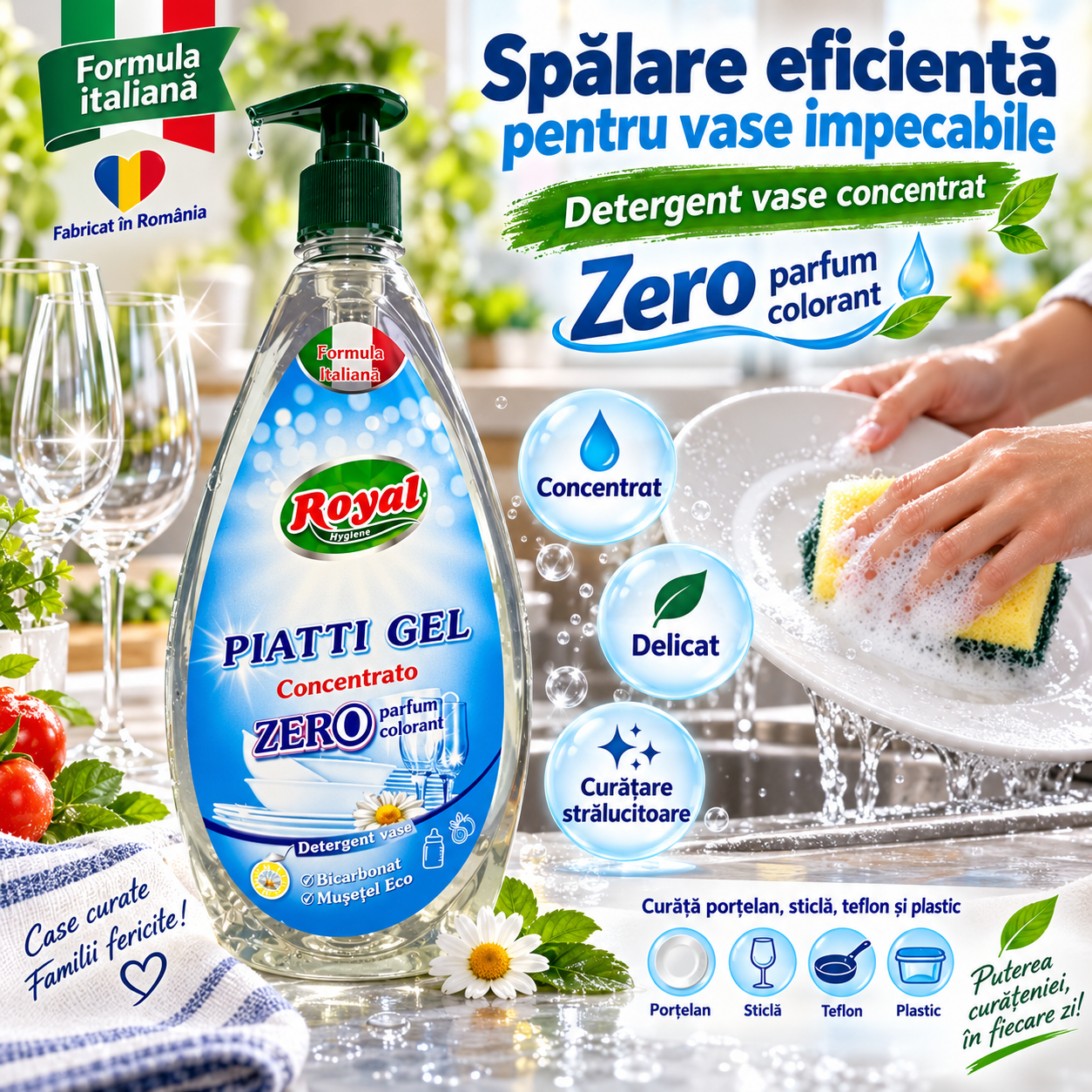 Royal Hygiene Piatti Zero detergent vase fara parfum si coloranti