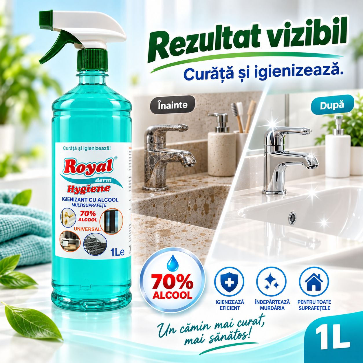 Royal Hygiene curata si igienizeaza 1L cu alcool 70%