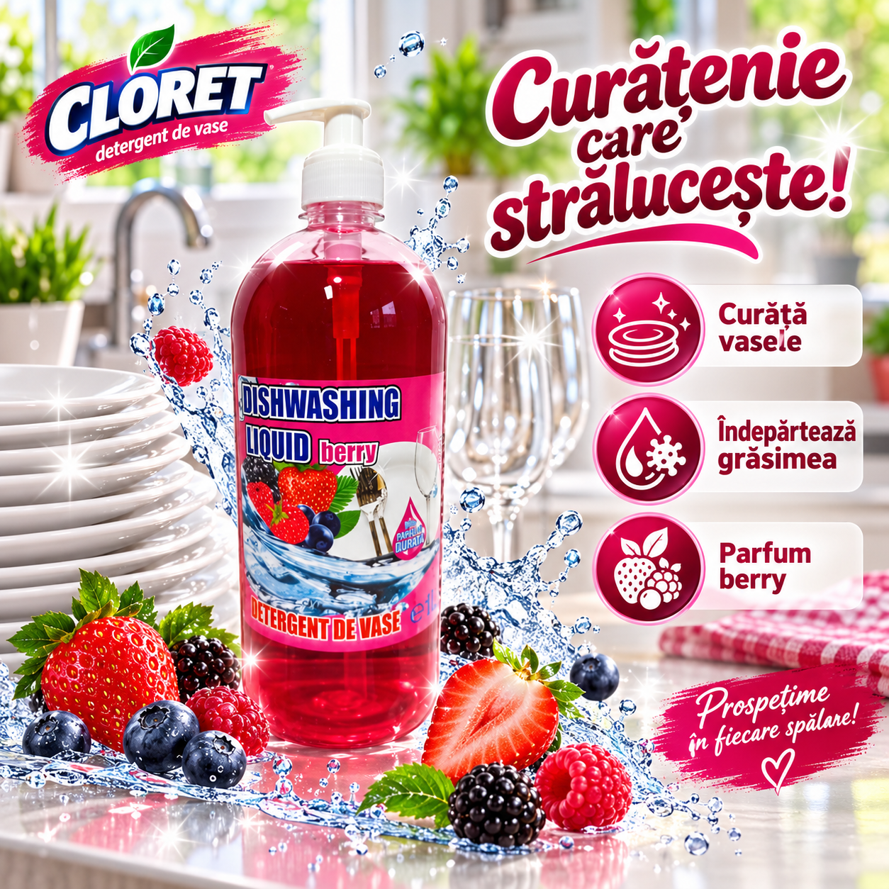 Cloret Dishwashing Liquid Berry detergent vase aroma fructe de padure