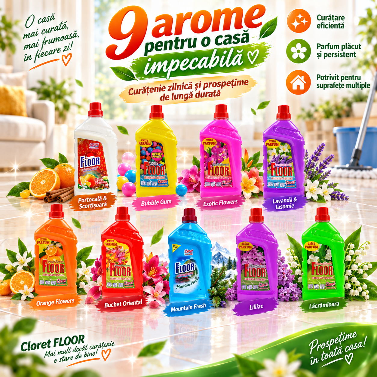 Detergent Pardoseli Cloret arome florale si fresh 1L