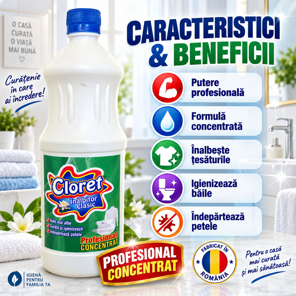 Cloret inalbitor clasic profesional 1L pentru curatarea si igienizarea baii