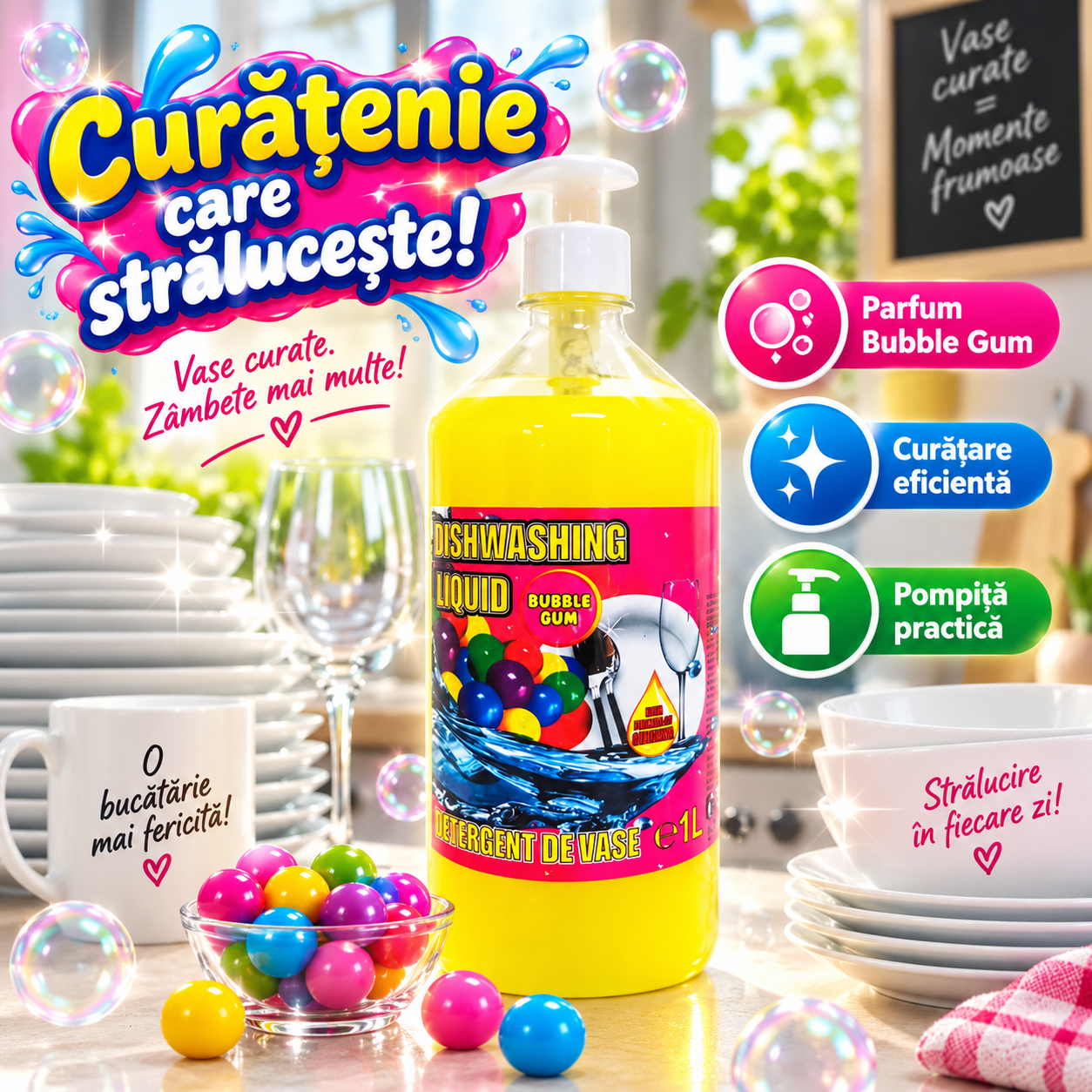 Cloret Dishwashing Liquid Bubble Gum detergent vase aroma dulce