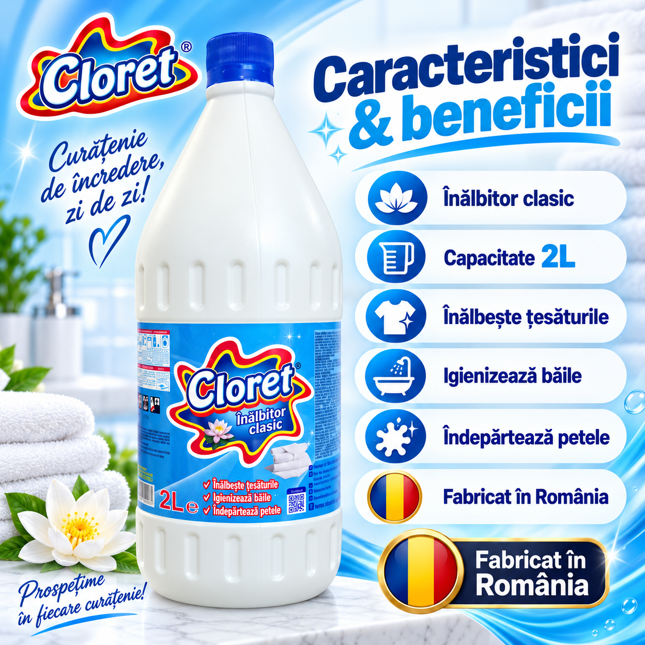 Cloret inalbitor clasic pentru rufe albe baie si curatenia casei
