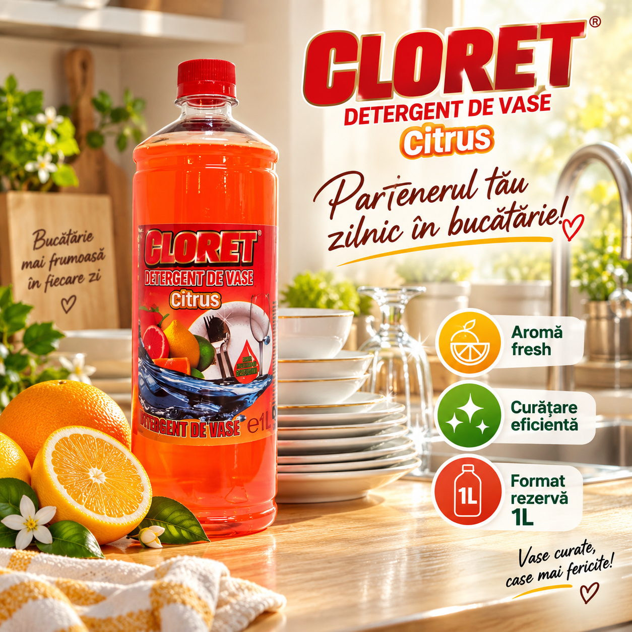 Cloret Apple rezerva detergent lichid pentru vase 1L bucatarie