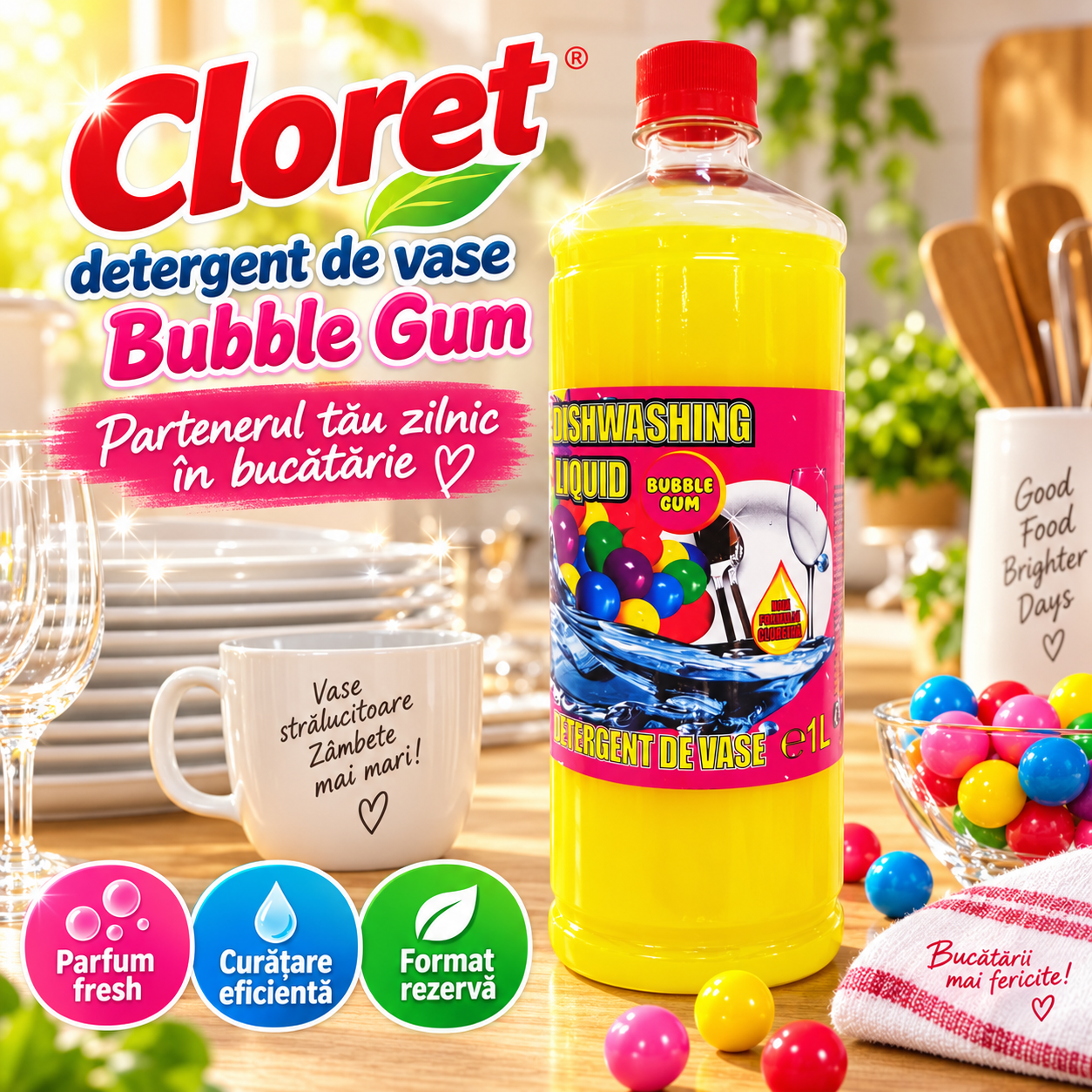 Cloret Apple rezerva detergent lichid pentru vase 1L bucatarie