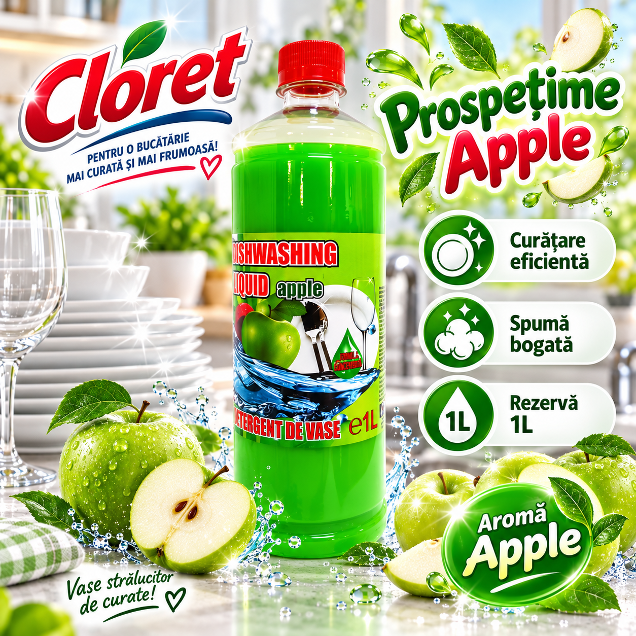 Cloret Apple rezerva detergent lichid pentru vase 1L bucatarie