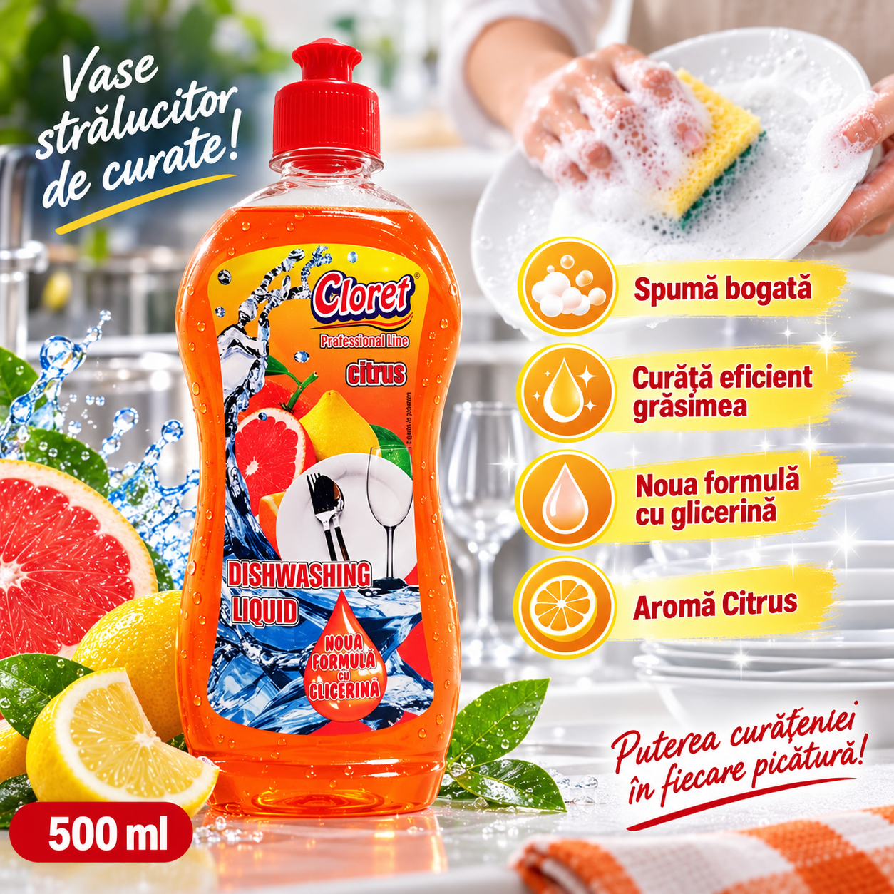 Cloret Dishwashing Liquid Citrus 500 ml detergent vase aroma citrice