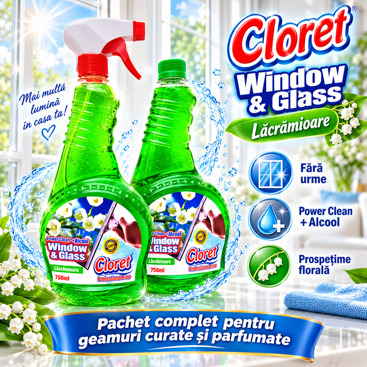 Cloret Window Glass Lacramioara set pulverizator plus rezerva 1500 ml