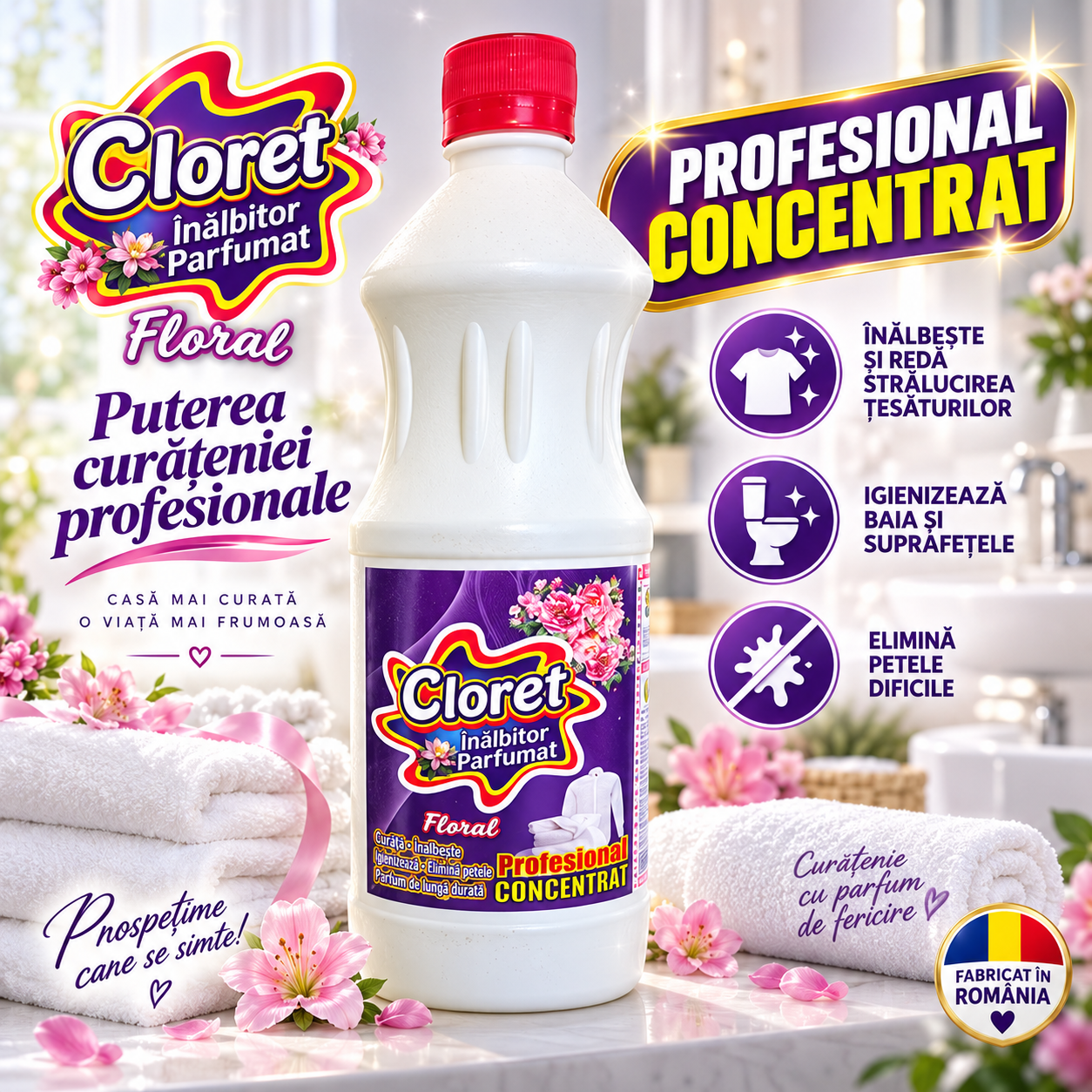 Cloret inalbitor parfumat floral profesional concentrat 1L pentru casa