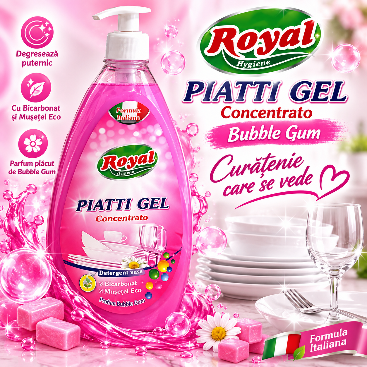 Royal Hygiene Piatti Gel Concentrato Bubble Gum detergent vase profesional