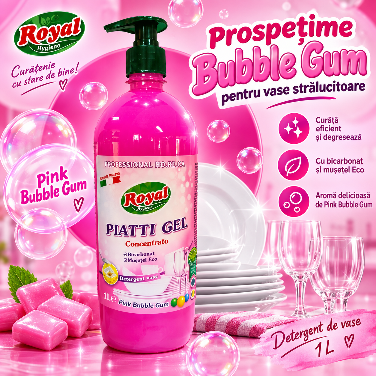 Royal Hygiene Piatti Bubble Gum Professional 1L cu pompita detergent vase