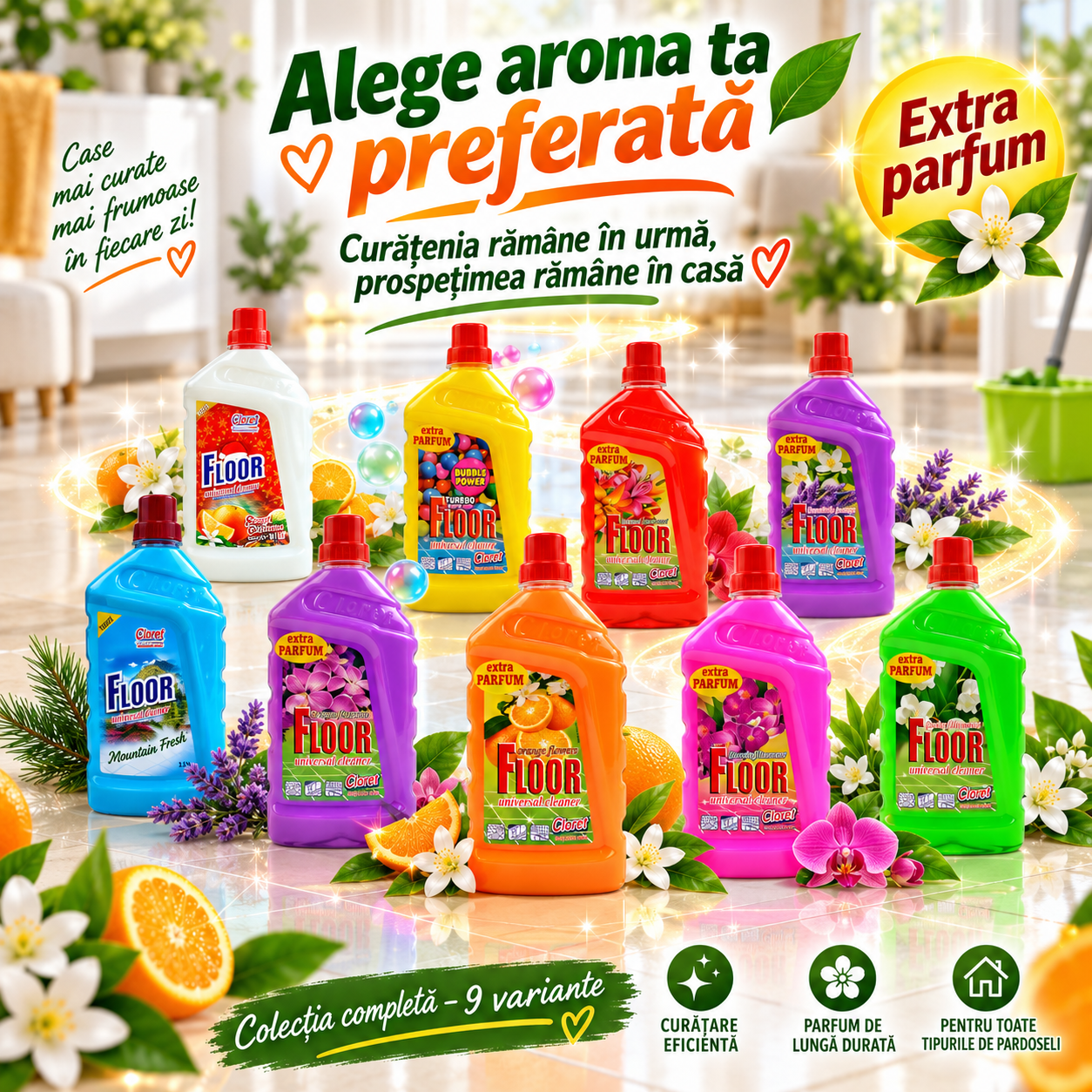 Detergent Pardoseli Cloret Portocala Bubble Gum Lavanda Liliac Lacramioara 1L