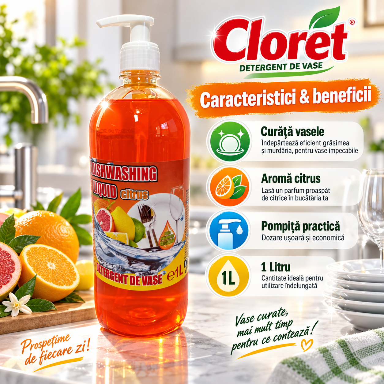 Cloret Dishwashing Liquid Apple detergent lichid vase aroma mar