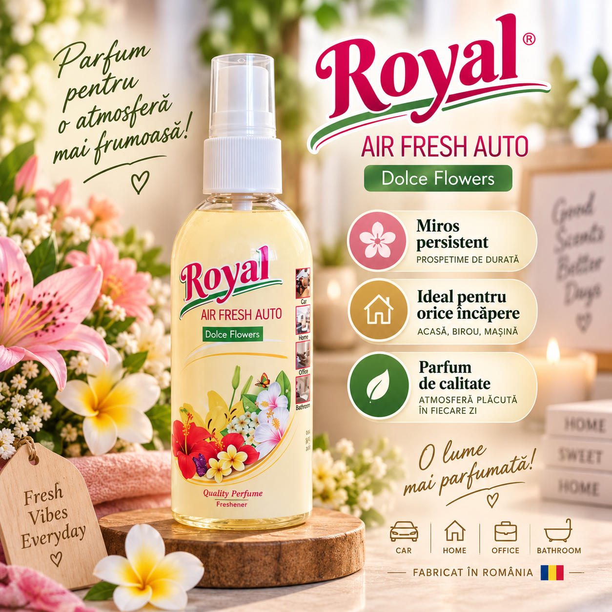 Parfum auto 6 arome Fancy Peach Sweet Vanilla Dolce Flowers Sandalo Wood Gold Million Bubble Gum