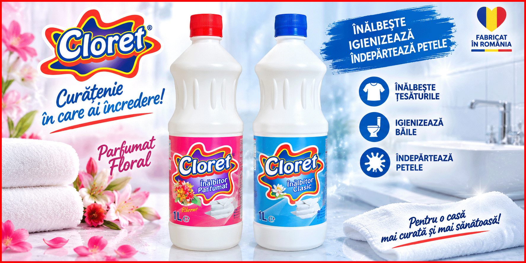 Cloret inalbitor clasic si parfumat 1L pentru rufe albe si baie