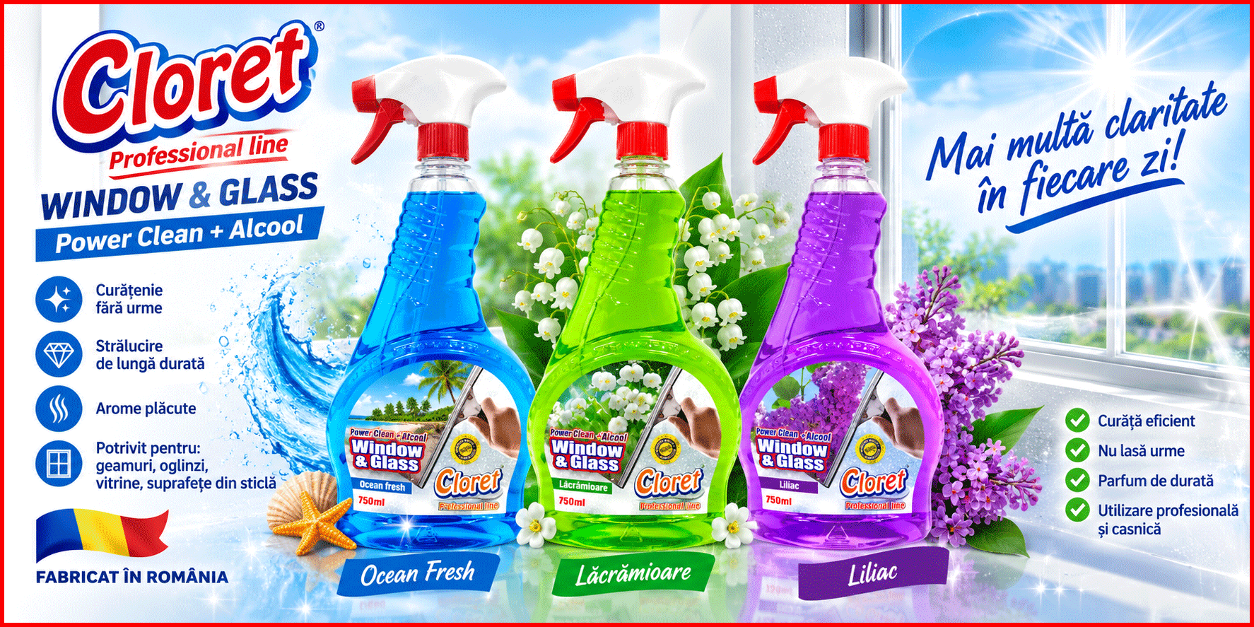 Cloret Window and Glass Ocean Fresh 750 ml Power Clean cu alcool Professional Line
