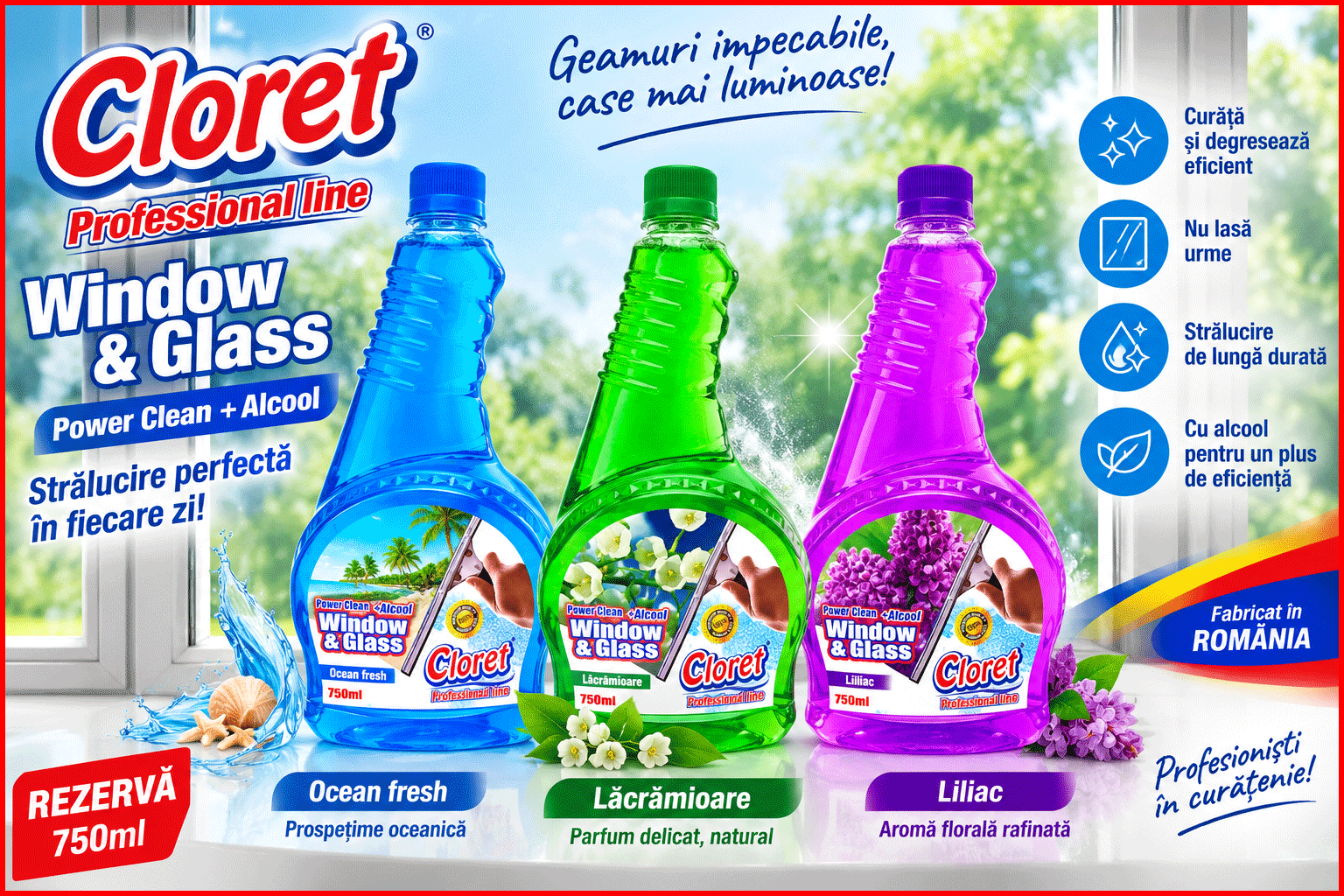 Cloret Window and Glass rezerva 750 ml Ocean Fresh Liliac Lacramioara fara pulverizator
