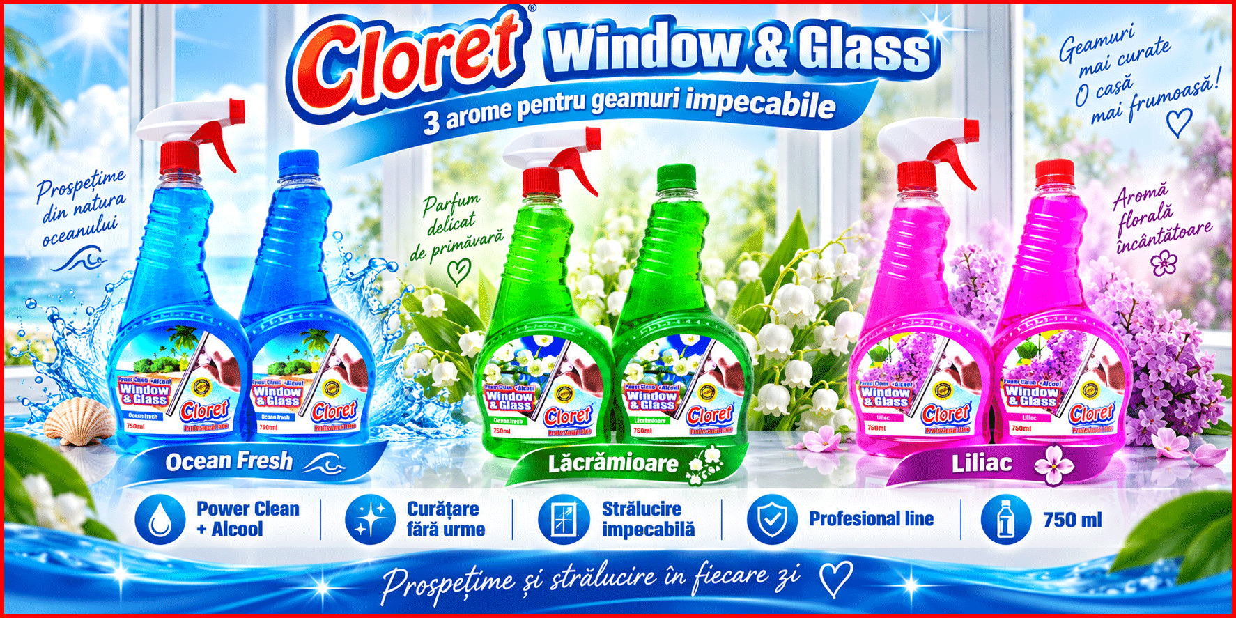Cloret Window and Glass set 750 ml cu pulverizator plus rezerva 750 ml Ocean Fresh Liliac Lacramioara