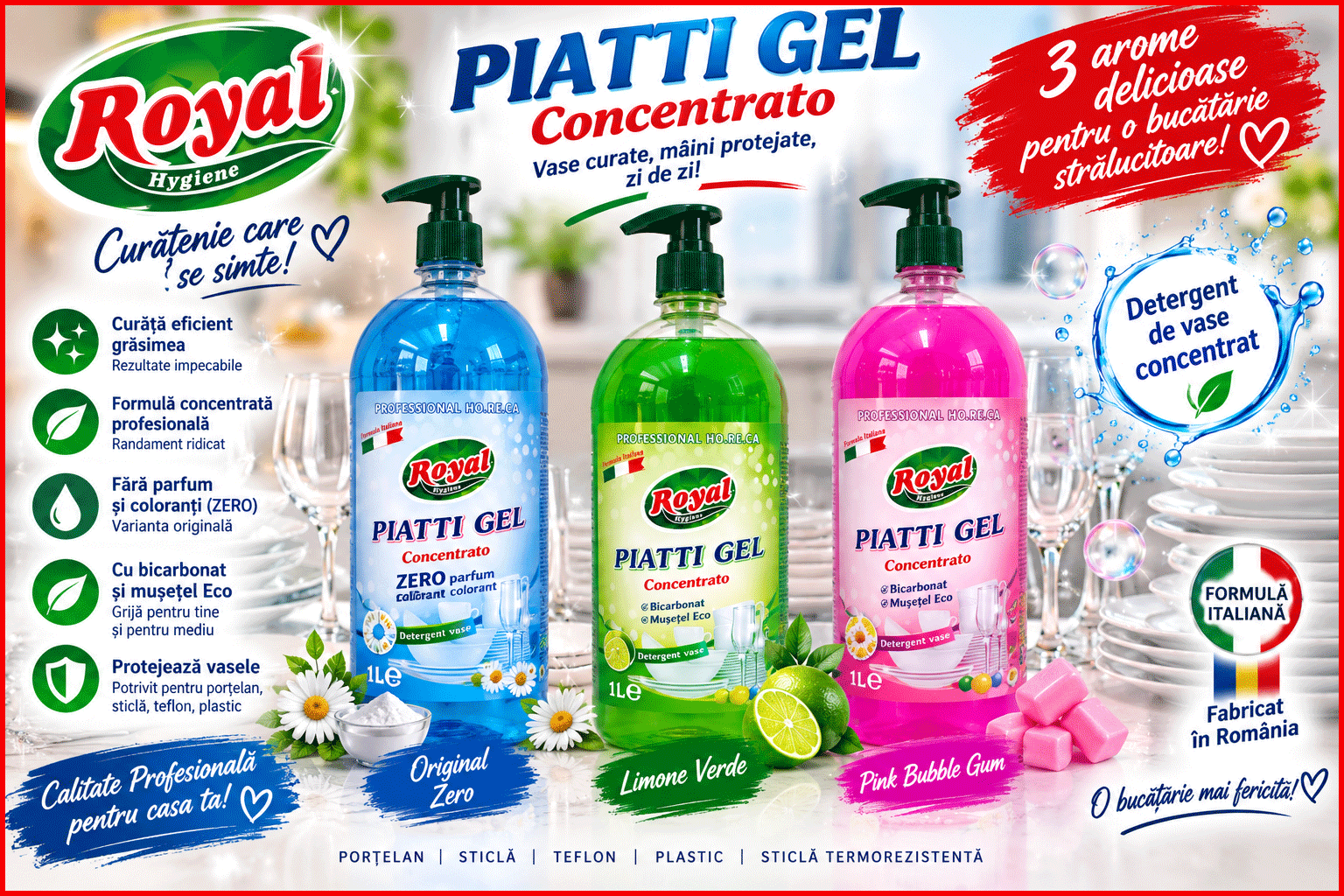 Royal Hygiene Piatti Professional 1L cu pompita detergent vase concentrat HoReCa Zero Lamaie Verde Bubble Gum