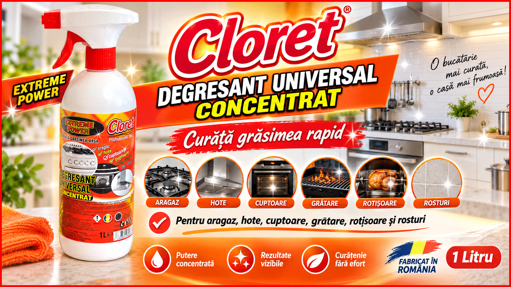 Cloret Degresant Universal Concentrat Extreme Power 1L pentru aragaz hote cuptoare gratare